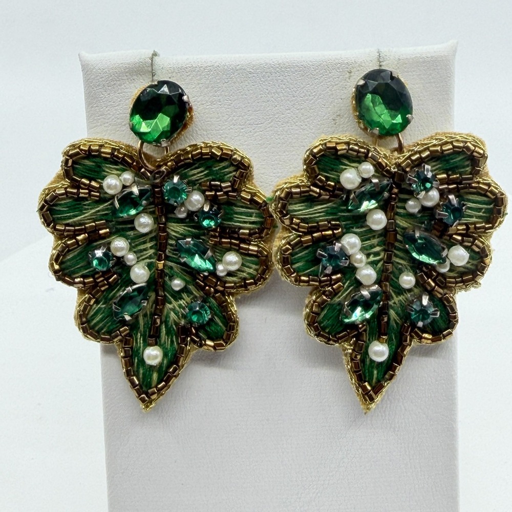 Green Jeweled Leaf Drop Earrings Faux Pearl Seed Bead Statement Boho Pierced